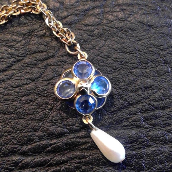 1928 Jewelry - Blue Flower and Pearl Bead Necklace